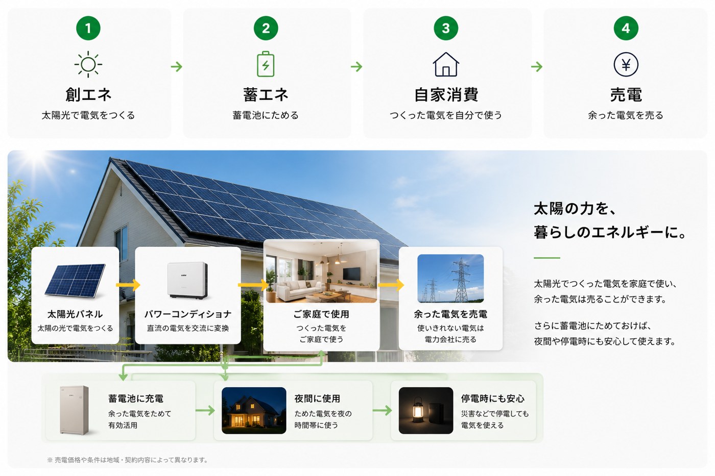 スマートハウスの電気の流れ（創エネ→蓄エネ→自家消費→売電）